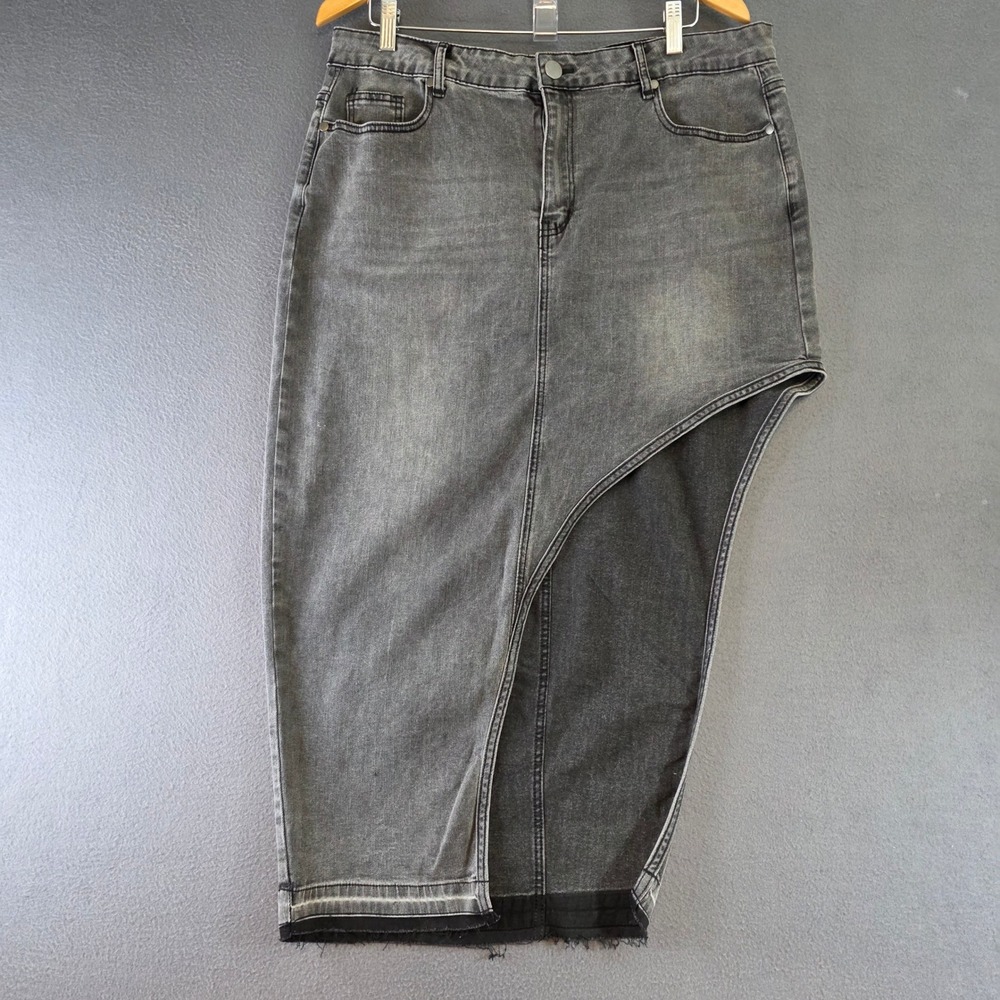City Chic Womens Plus Size 18 Asymmetric Denim Skirt Grey Distressed Raw Hem